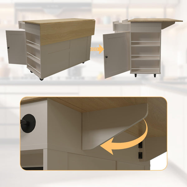 Rolling Kitchen Island with Drop Leaf Countertop & Charging Station