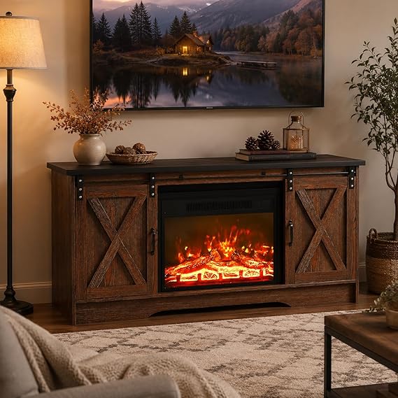 Farmhouse Fireplace TV Stand with Sliding Barn Door for 65" TVs