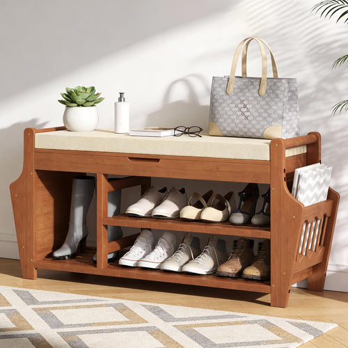 3-Tier Bamboo Shoe Bench with Cushion & Side Storage