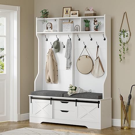 Hall Tree with Bench, Shoe Storage, Coat Rack & Mirror