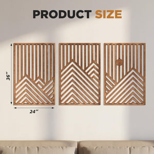 Wood Mountain Wall Sculptures Set of 3 – 36x24 Inch 3D Rustic Sun Art Decor