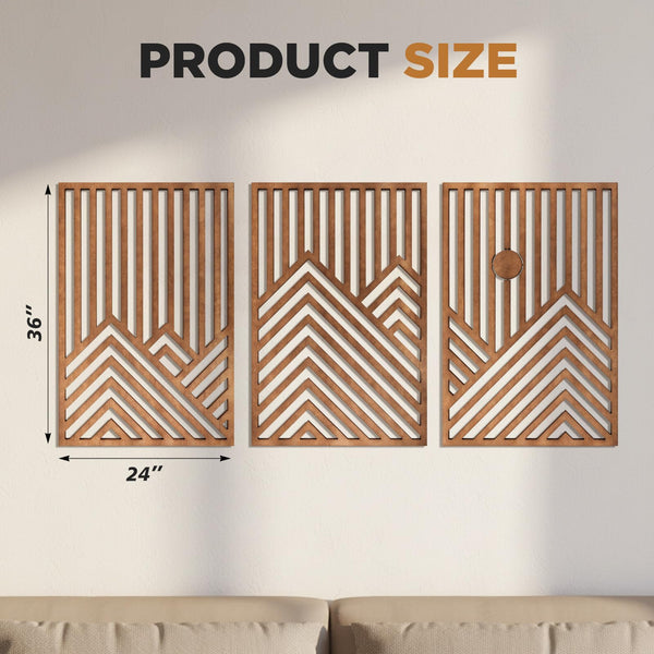 Wood Mountain Wall Sculptures Set of 3 – 36x24 Inch 3D Rustic Sun Art Decor