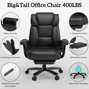 Big & Tall Reclining Office Chair with Footrest, Wide Seat, High Back, Criss Cross Wheels