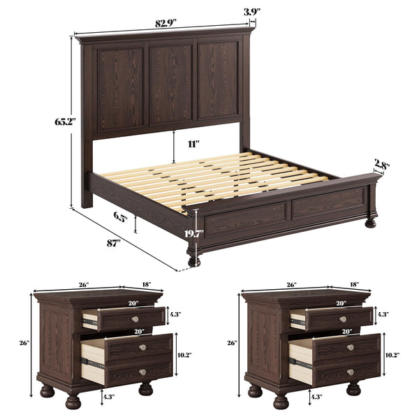 3-Piece Solid Wood Bedroom Set – Bed Frame & 2 Nightstands