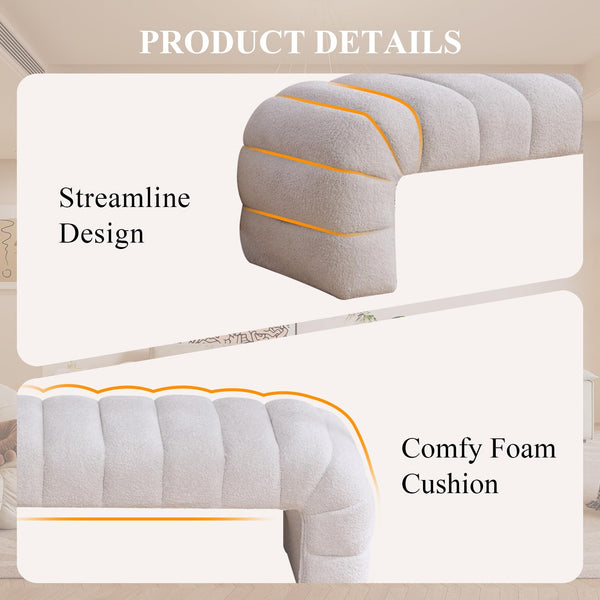 NIOIIKIT 69.7" Ottoman Bench, Teddy Upholstered Queen Size End of Bed Bench, Channel Tufted Entryway Bench with Cushion, Long Bedroom Bench, Window Bench Seat for Entryway, Living Room (Ivory)
