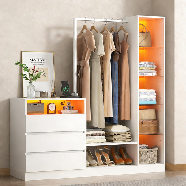 LED Wardrobe with Hanging Rod, Drawers & Charging Station