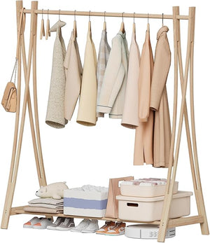 Freestanding Wood Clothes Rack with Storage Shelf – 52"W x 57"H
