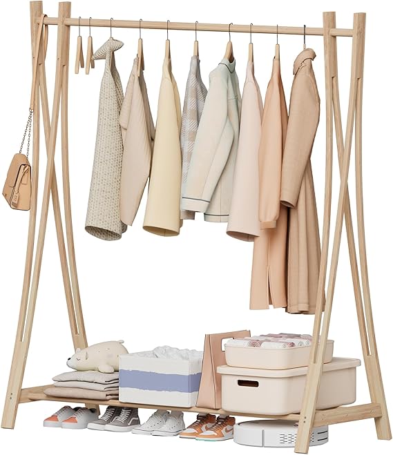 Freestanding Wood Clothes Rack with Storage Shelf – 52"W x 57"H