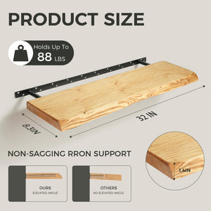 Solid Spruce Wood Floating Wall Shelves – Rustic Live Edge, Set of 2