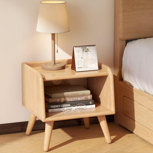Solid Wood Nightstand with Open Storage Shelf