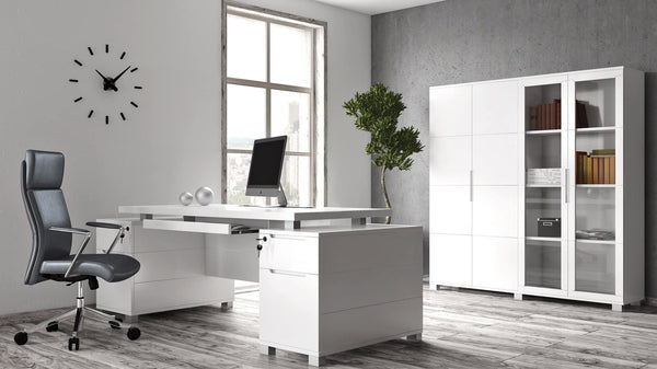 79" Modern Executive Desk with Filing Cabinets – White