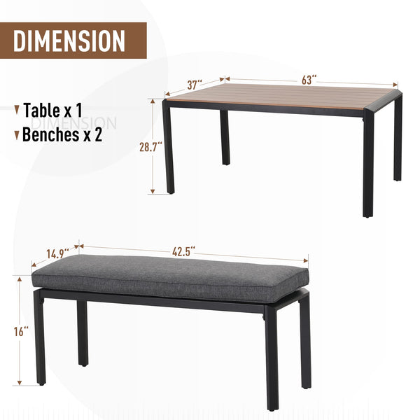 3-Piece Aluminium Patio Dining Set with Benches and Cushions