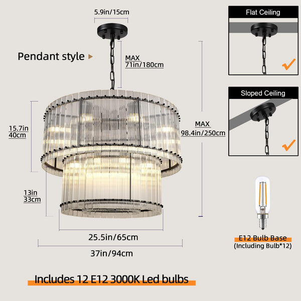 3-Tier Round Crystal Glass Chandelier with Water Ripple Design