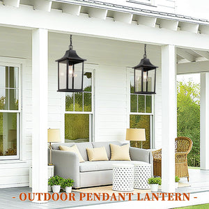 Large Outdoor Pendant Light – Black Aluminum Hanging Lantern with Adjustable Chain