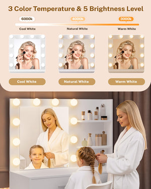 Lighted Makeup Vanity Desk with Mirror, Drawers & Storage Cabinet – White