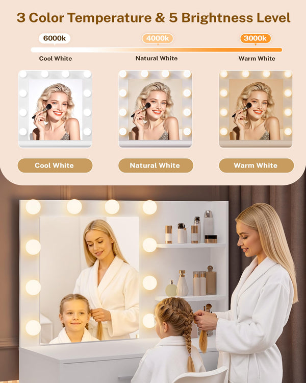 Makeup Vanity Desk with Hollywood Lights, Mirror & Storage