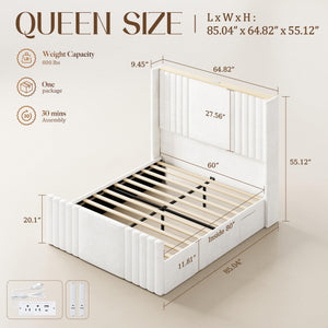 Queen Velvet Platform Bed with Wingback Headboard & Reading Lights