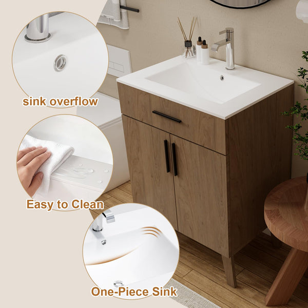 24-Inch Bathroom Vanity with Ceramic Sink & Soft-Close Cabinet