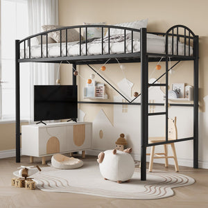 Twin Metal Loft Bed Frame with Guardrail and Safety Ladder