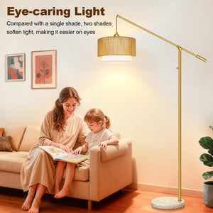 Boho Dimmable Arc Floor Lamp with Rattan & Fabric Shades