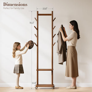 Solid Wood Rolling Coat Rack with Hooks & Shelves