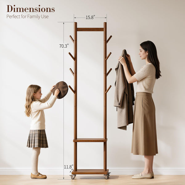 Solid Wood Rolling Coat Rack with Hooks & Shelves