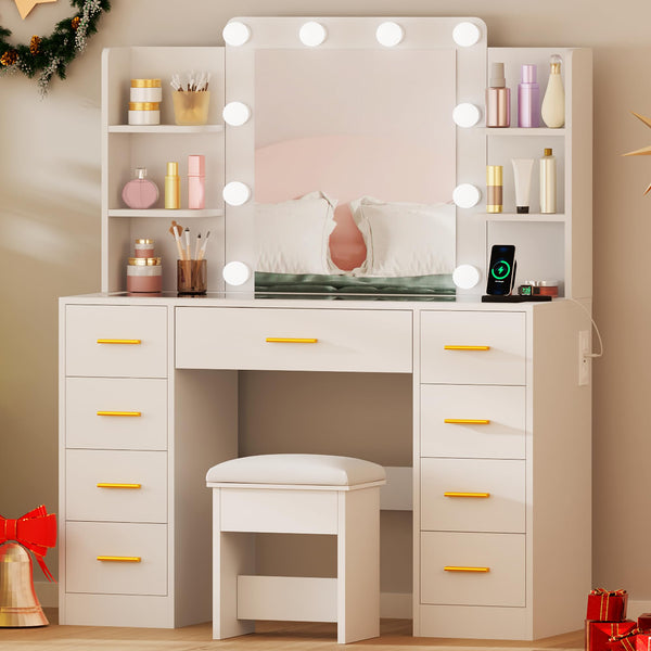 Makeup Vanity Desk with Mirror, Lights & 9 Drawers