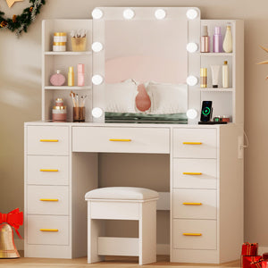 Makeup Vanity Desk with Mirror, Lights & Storage, White