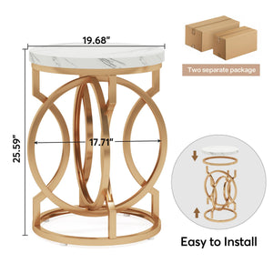 Round End Table Set of 2 – Faux Marble White & Gold Metal Base