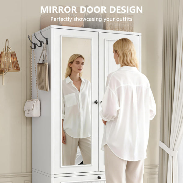 Wood Armoire Wardrobe with Mirror & Drawer