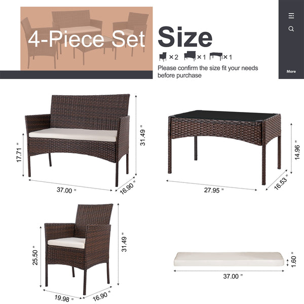 4-Piece Outdoor Wicker Patio Conversation Set with Loveseat & Coffee Table