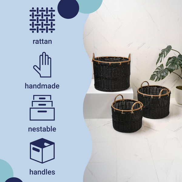 Handwoven Rattan Nesting Storage Baskets with Handles — Set of 3