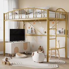 Twin Metal Loft Bed Frame with Guardrail and Safety Ladder