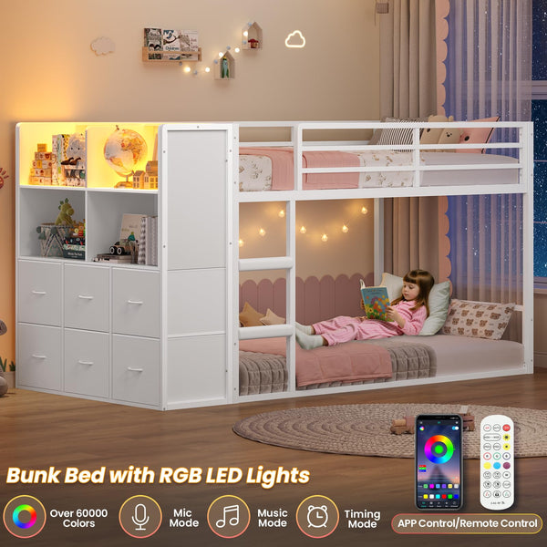 Twin Over Twin Bunk Bed with Storage Drawers & LED Lights