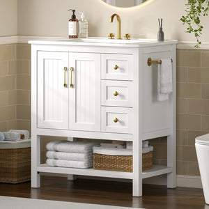 30-Inch Bathroom Vanity with Sink, Towel Holder & 3 Drawers – White