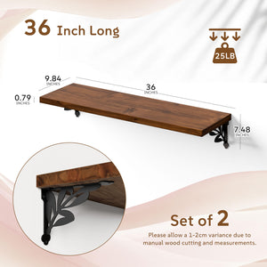 Solid Wood Floating Wall Shelves with Metal Brackets – Set of 2