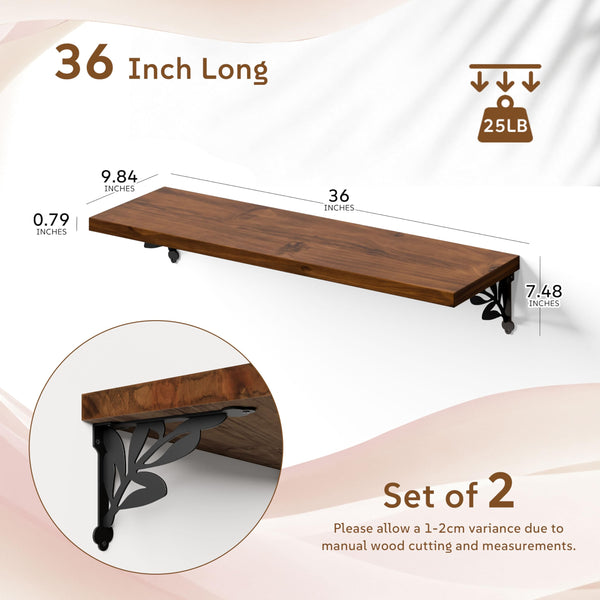 Solid Wood Floating Wall Shelves with Metal Brackets – Set of 2