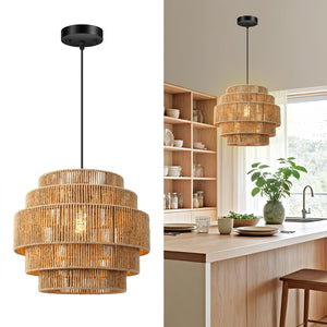 5-Tier Handwoven Rattan Pendant Chandelier 13" Boho Ceiling Light