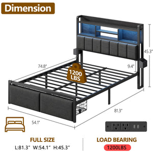 Full Size Bed Frame with Storage Drawers, Charging Station & LED Lights