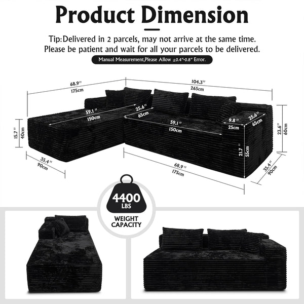 Modular Sectional Sofa with Chaise – Cloud Couch, Corduroy, L-Shaped, Deep Seat