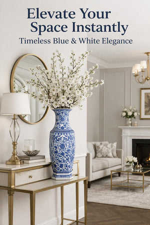 Large Hexagonal Blue and White Porcelain Lotus Vase