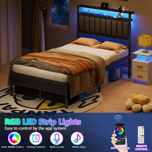 Platform Bed Frame with LED Lights, Charging Station & Storage Drawers