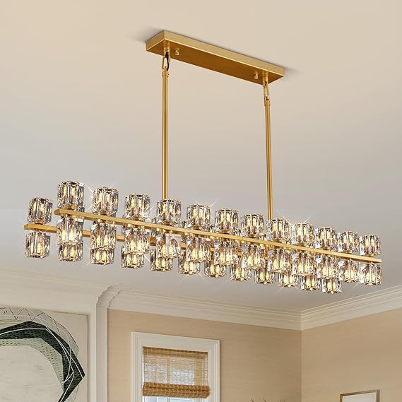 Gold K9 Crystal Rectangular Chandelier with Adjustable Height