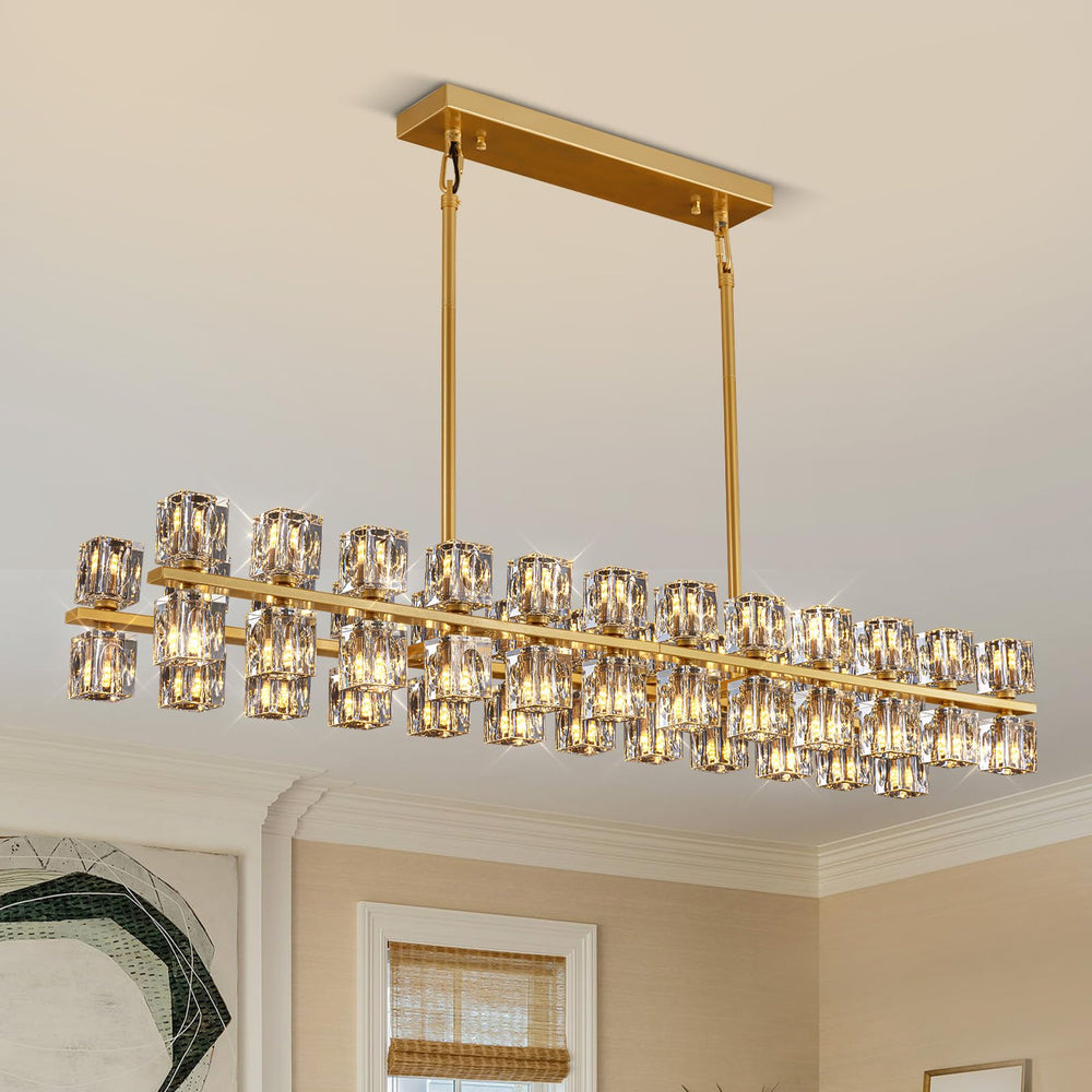 Gold K9 Crystal Rectangular Chandelier with Adjustable Height