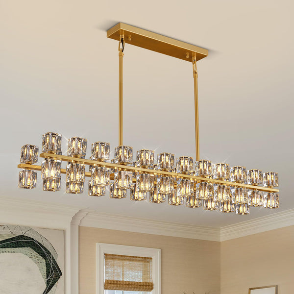 Gold K9 Crystal Rectangular Chandelier with Adjustable Height