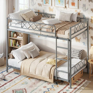 Twin Over Twin Bunk Bed with Stairs and Guardrails