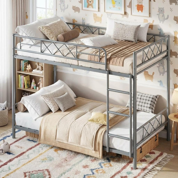 Twin Over Twin Bunk Bed with Stairs and Guardrails