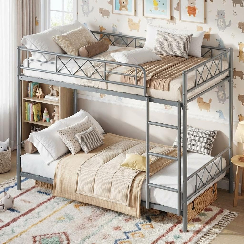 Twin Over Twin Bunk Bed with Stairs and Guardrails
