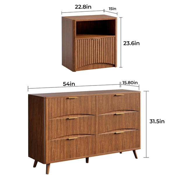 Mid-Century 3-Piece Bedroom Set – Fluted 6-Drawer Dresser & 2 Nightstands (Walnut)
