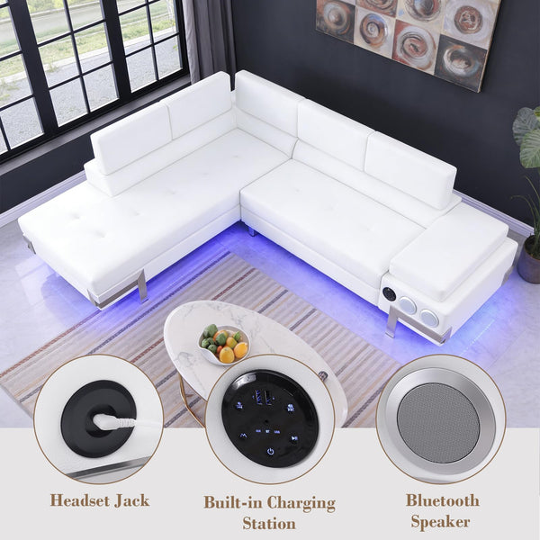 L-Shaped Sectional Sofa with LED Lighting, Bluetooth & USB Ports